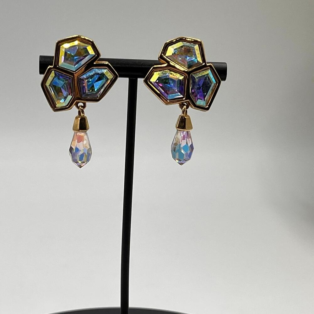 Swarovski Swan Vintage Aurora Borealis Crystal Dangle Chandelier Stud Earrings - Picture 2 of 11
